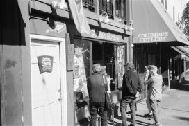 Listeners gather outside of Golden Sardine on Ferlinghetti Day